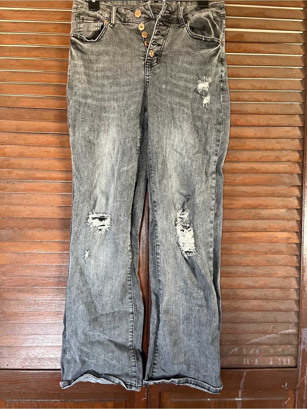 Women's Grey Distressed Button-Fly Jeans